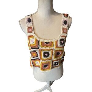 Rebellion Again Granny Square Crochet Knit Sweater Top Sz L Festival Club Y2K
